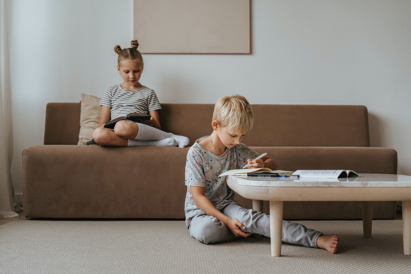 Brother and sister studying at home