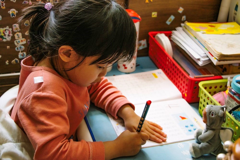 A young girl doing her classwork