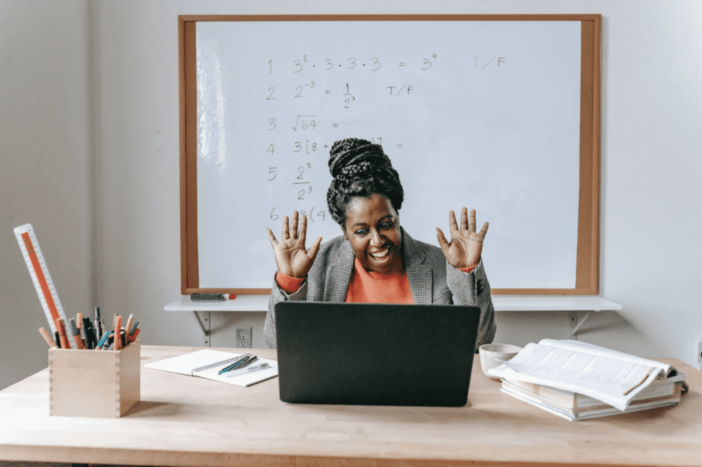 A teacher in a virtual meeting