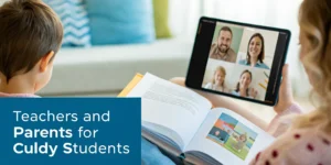 Parent helping a child with an online phonics course in the UK, ideal for teachers and parents.