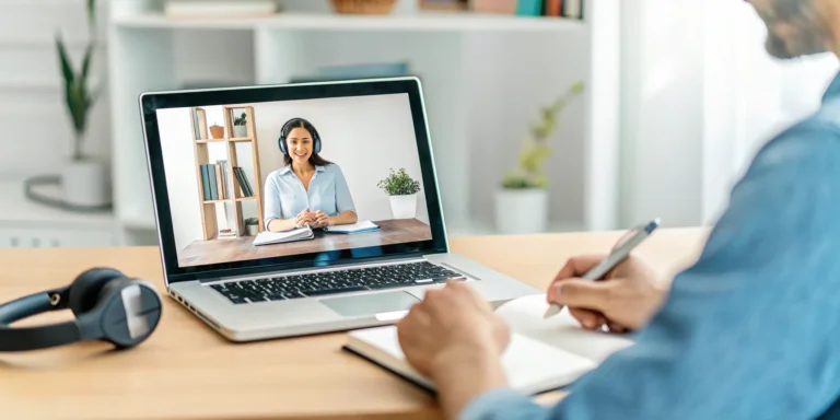 Student on a laptop taking notes during an online class for distance learning in the pandemic.