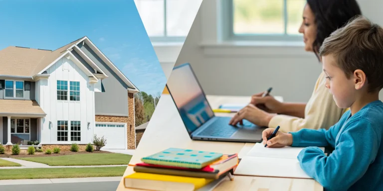 Family using a laptop for online homeschool in front of their North Carolina home.