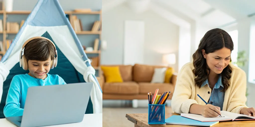 A parent and student engaged in an online homeschool session in Utah.