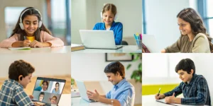 Students engaged in a live streaming maths class on their laptops.