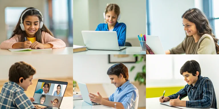 Students engaged in a live streaming maths class on their laptops.