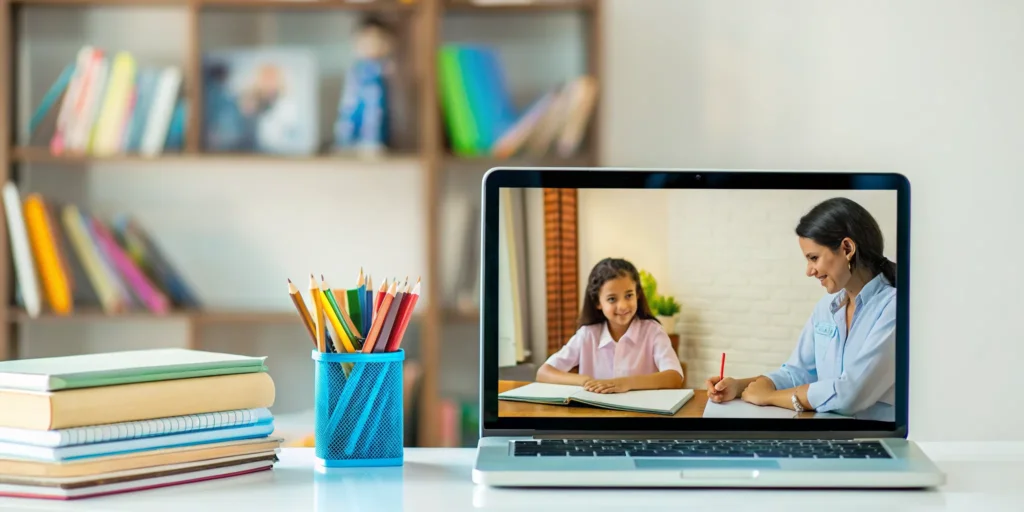 A laptop showing an online a la carte homeschool class with a teacher and student.