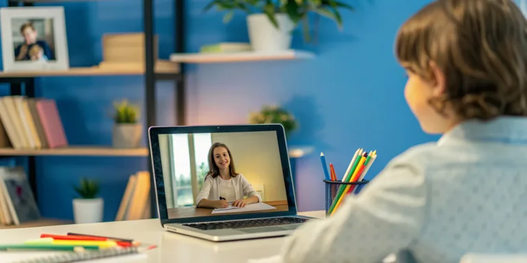 Child in an a la carte online homeschool class learning from a teacher on a laptop.