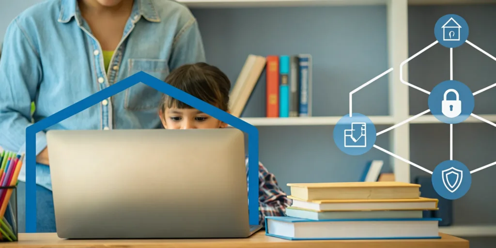 A young student learning from home on a laptop with an accredited asynchronous online elementary school.