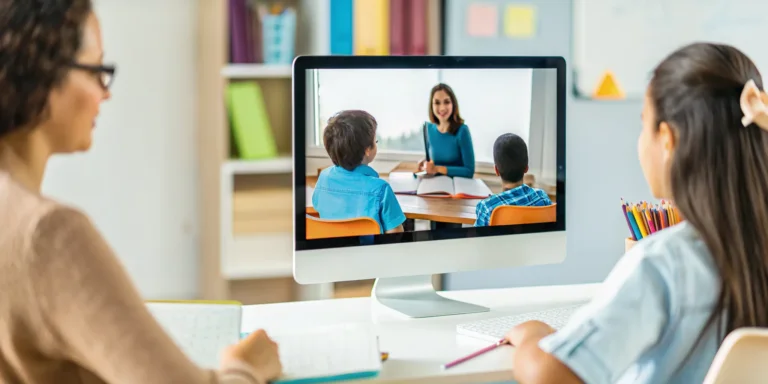 A family learning together during a live teaching session from an accredited K-12 online school.