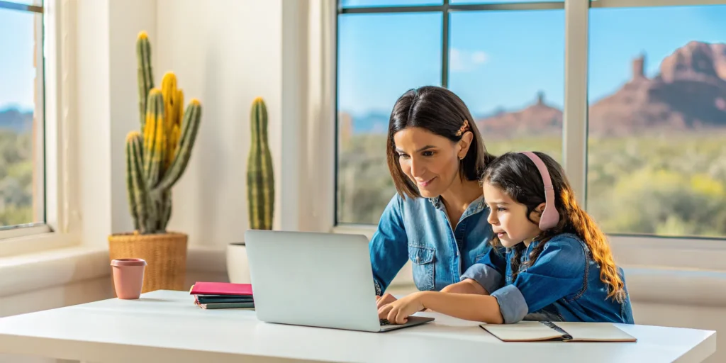 A girl learns from an Arizona online bilingual homeschool program with her mother on a laptop.