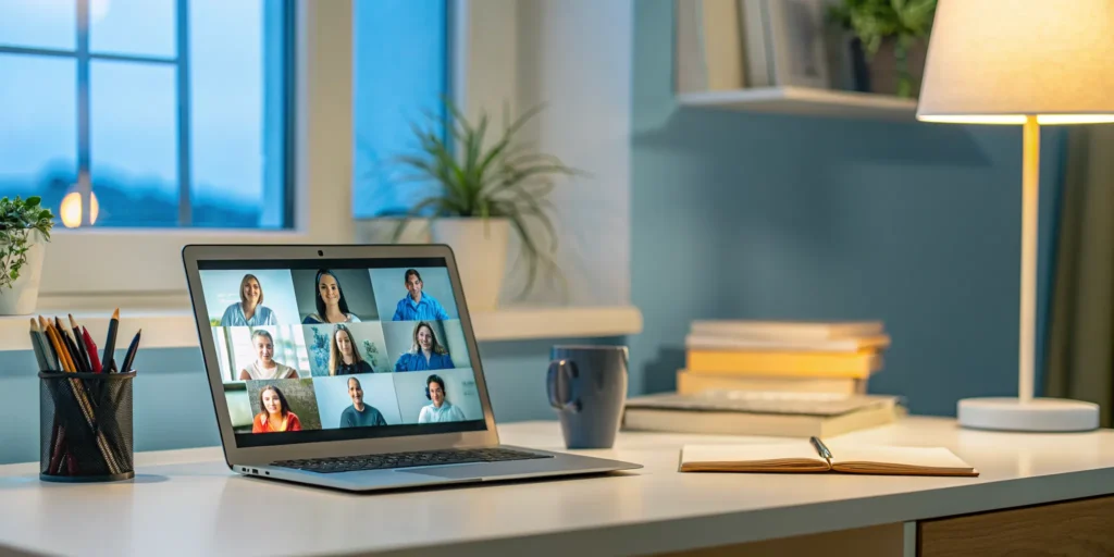 Live virtual class for a New Hampshire K-12 school with students and a teacher on a laptop.