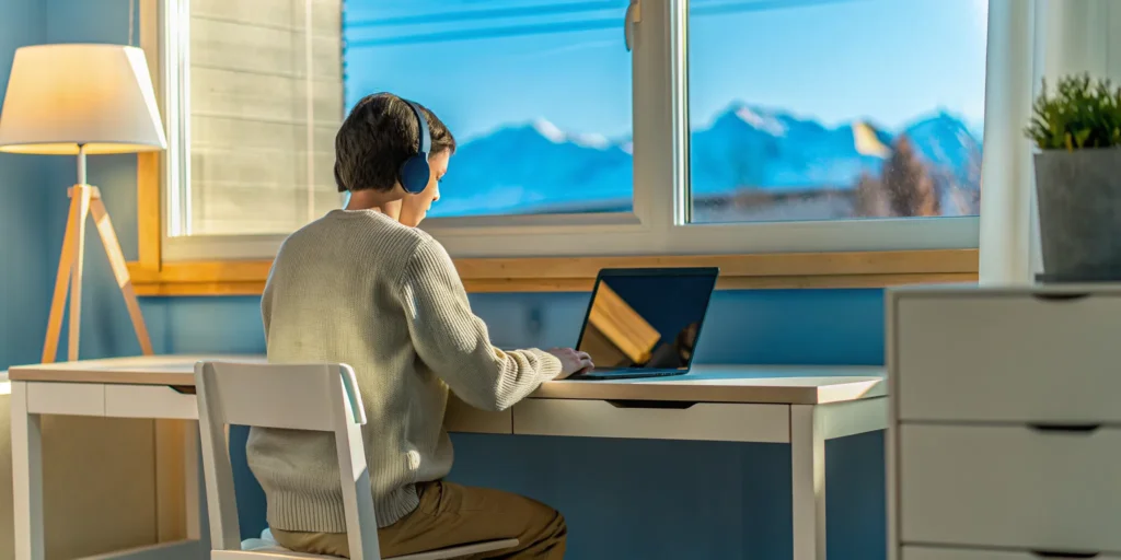 Student at a desk in a Utah virtual homeschool class with a live teacher.