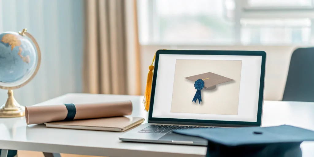 A laptop, graduation cap, and certificate for an accredited online American diploma for foreign students.