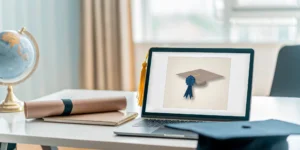 A laptop, graduation cap, and certificate for an accredited online American diploma for foreign students.