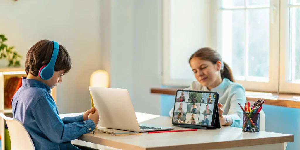A child learns in an accredited online bilingual K-12 education program with a parent's guidance.