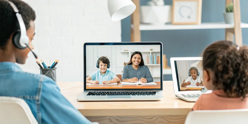 Two North Carolina children learning at home with an online private K-12 school.