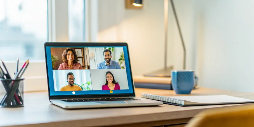 Laptop video call of a K-12 accredited online dual language school class.