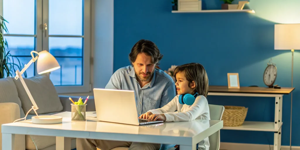 Father and child learning at home with a North Carolina accredited online bilingual school.