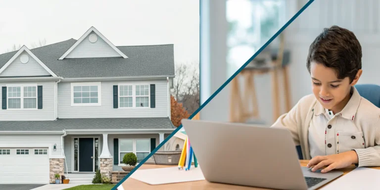 Online homeschool in New Hampshire with a child learning on a laptop at home.