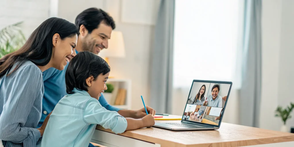 Parent helps child with a Spanish English online elementary school lesson in North Carolina.