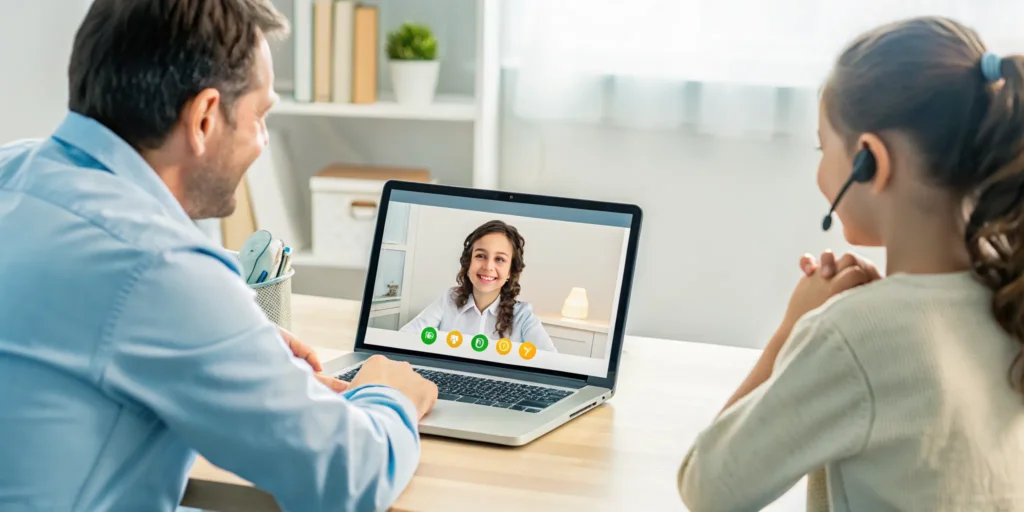 Father and daughter in an accredited online bilingual tutoring session on a laptop.
