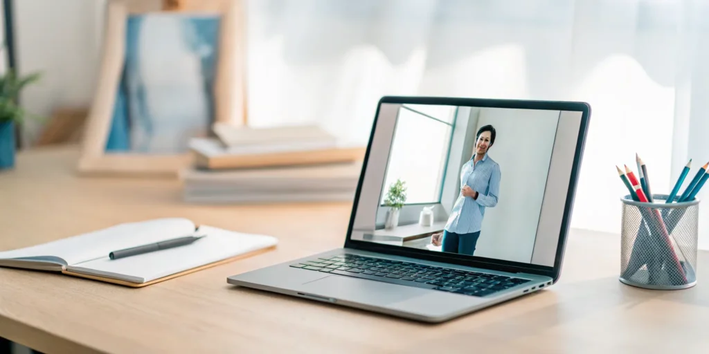Online Spanish immersion school class on a laptop for a student in New Hampshire.