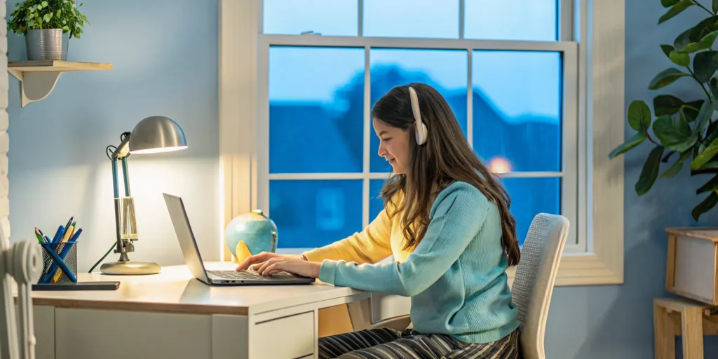 WV K-12 student in a bilingual online homeschool program learning at their desk.