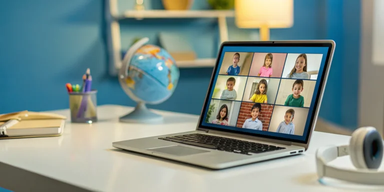 Laptop screen showing an accredited online bilingual elementary school class.