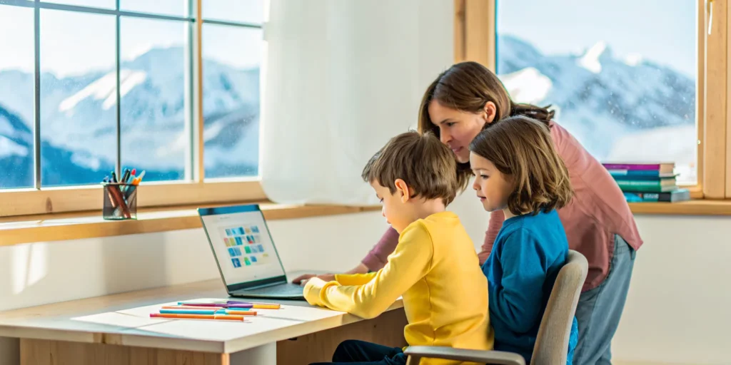 A family using a laptop for their K-12 bilingual online homeschool program in Utah.