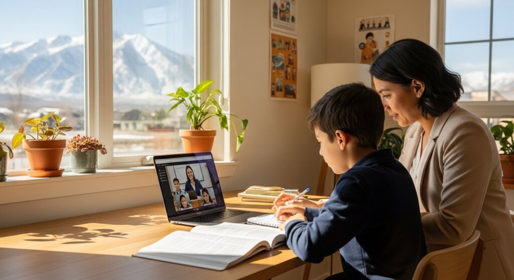Parent and student reviewing Utah homeschool laws through an online class at home
