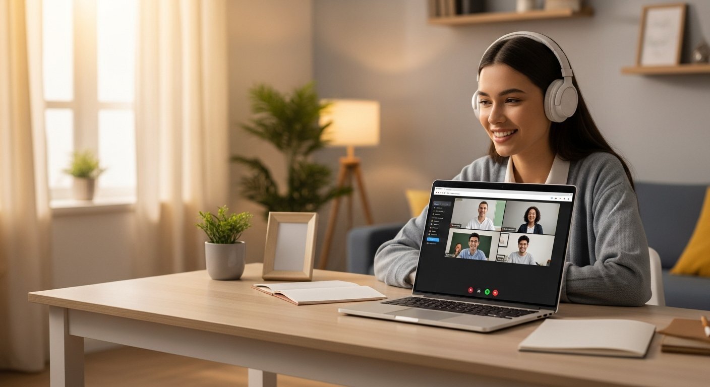 Student participating in a live bilingual online class while homeschooling in Utah