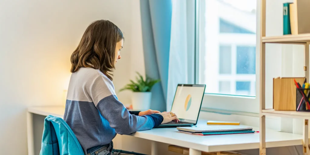 High school student studies on her laptop in an accredited online homeschool program.