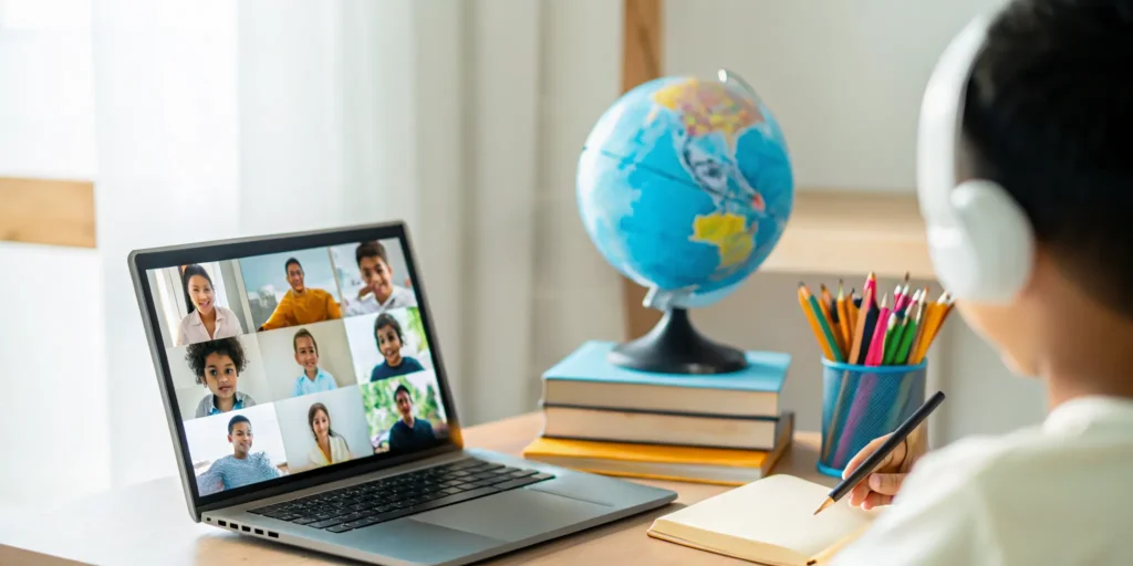 High school homeschooler taking online supplemental classes on a laptop.