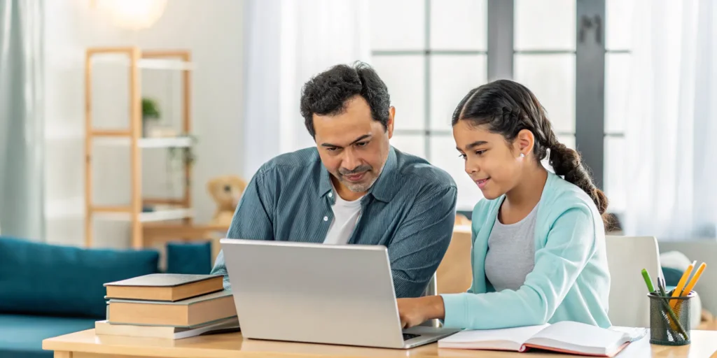 Family reviewing Cognia accreditation information for an online school