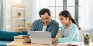 Family reviewing Cognia accreditation information for an online school