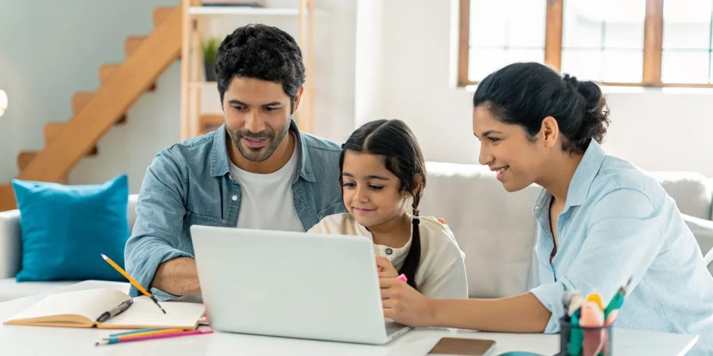 Family learning Spanish together through online school