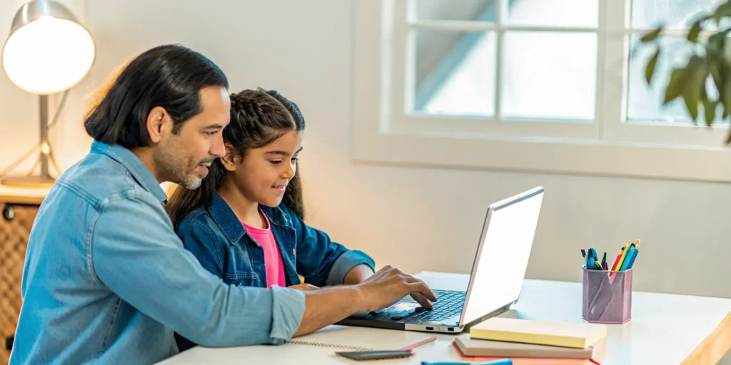 Parent and student comparing online school cost at home