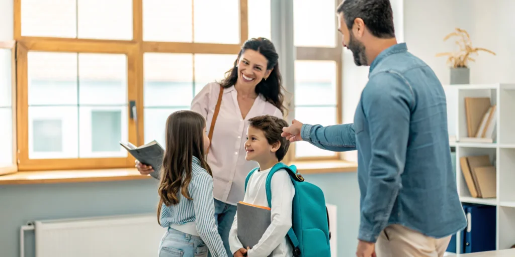 Family meeting a teacher while choosing a private school