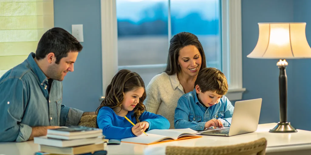 Iowa family learning together at home