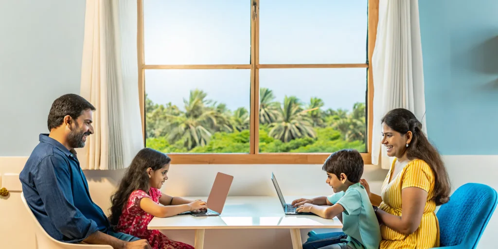 Traveling family completing online school lessons together