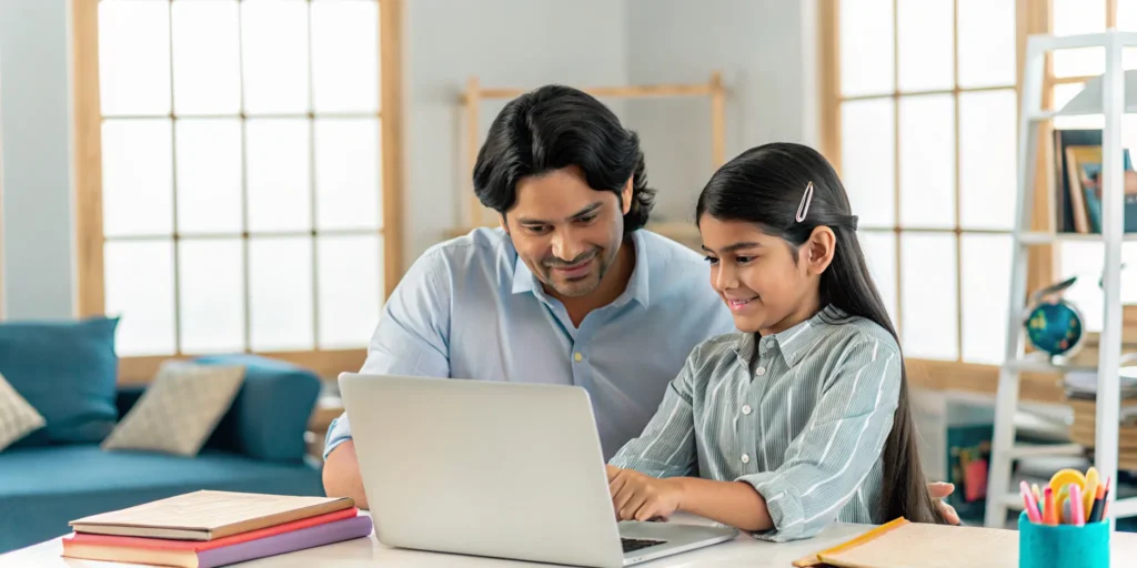 Parent reviewing private school voucher options with a student learning online