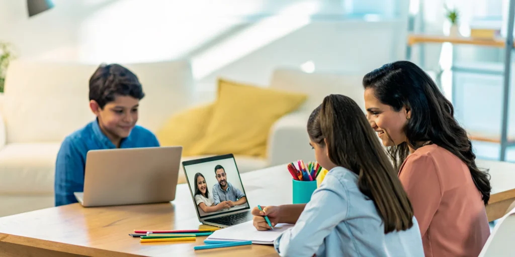 Familia latinoamericana acompañando a una estudiante durante una clase virtual