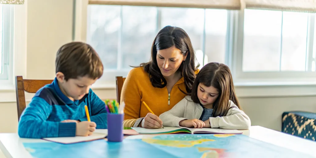 Wisconsin family planning homeschool lessons at a table