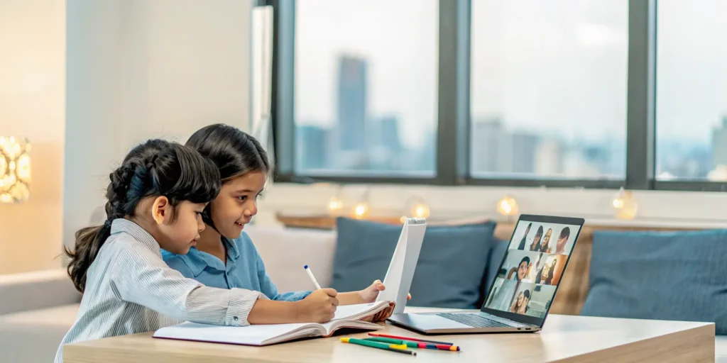 Two children studying online for their English and Spanish homeschool program for expats.