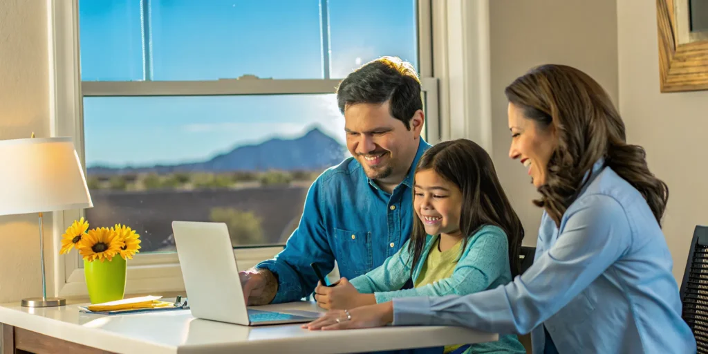 Family with a student learning online on a laptop at home in Arizona