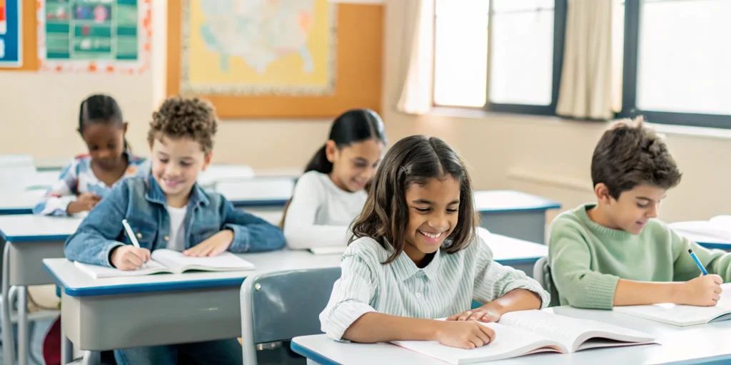 Students learning in a bilingual classroom setting with Spanish and English materials