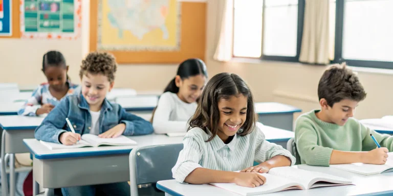 Students learning in a bilingual classroom setting with Spanish and English materials