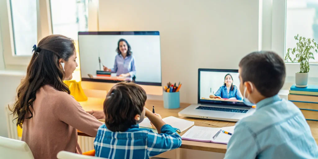 Diverse K-12 students learning together in an online bilingual classroom with Spanish and English on screens