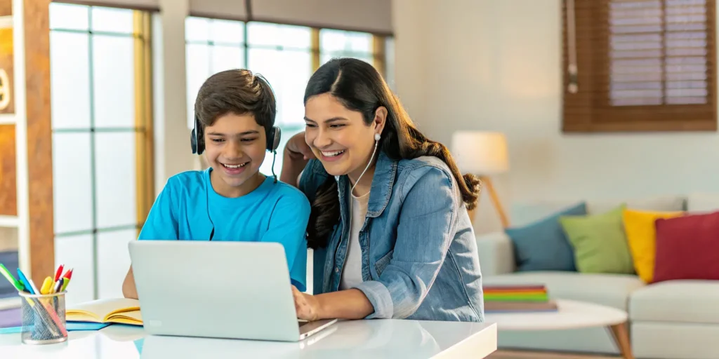 Madre e hijo hispanos sonriendo frente a una computadora portátil, aprendiendo en línea en casa