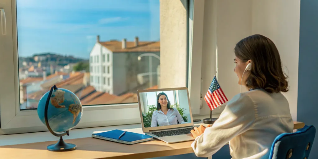 American student abroad receives online tutoring via video call, with a US flag and globe on the desk.